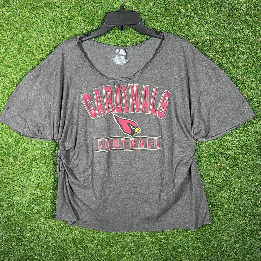 Arizona Cardinals NFL Football Womens Plus Size 2XL Gray Lace Up V Neck T Shirt